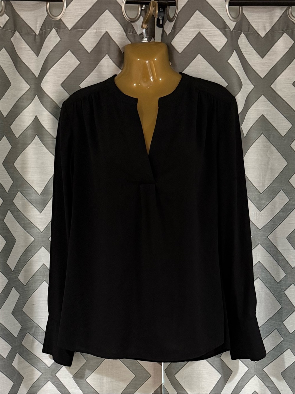 Calvin Klein Black Long Sleeve Blouse Size M | Split V-Neck Silver Button Cuffs